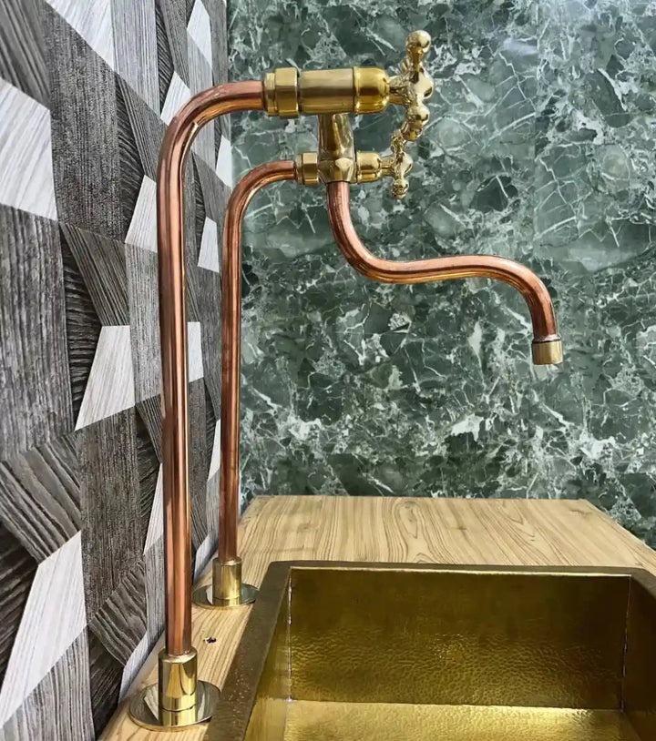 Unlacquered Brass & Copper Bridge Kitchen Faucet – Long Legs, Cross Handles | Handmade - The House Of Brass
