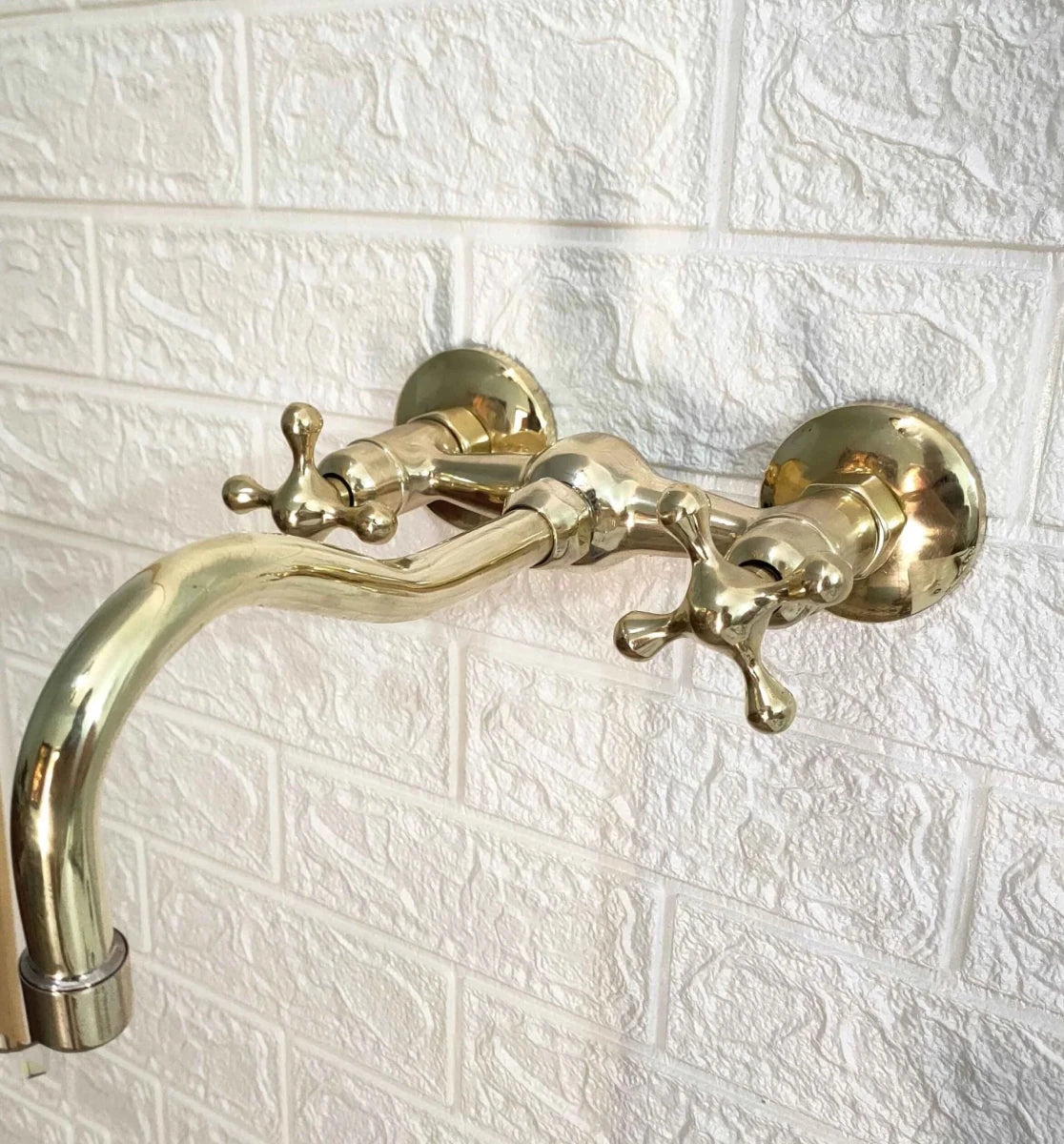 Unlacquered Brass Curved Wall Mounted Faucet – 2-Hole, 8.5" Spout | Solid Brass - The House Of Brass