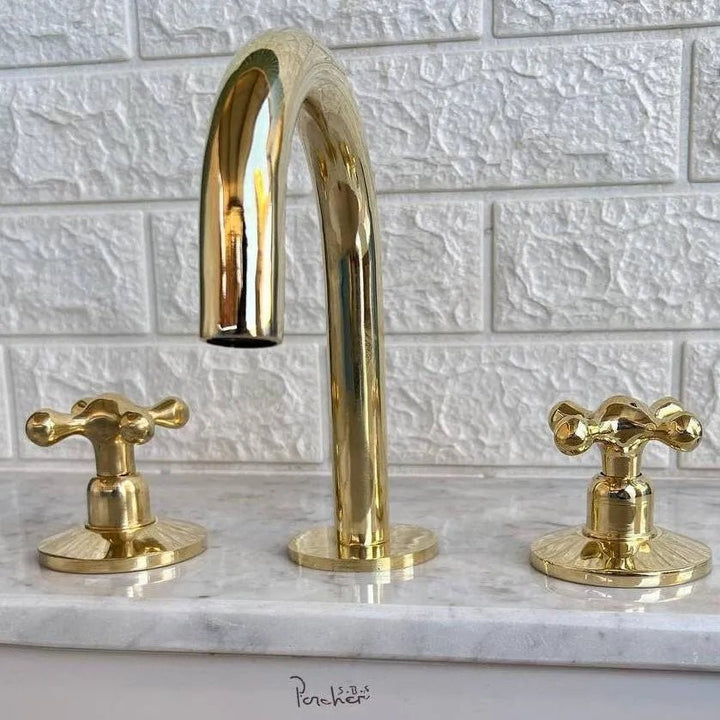 Unlacquered Brass Deck Mounted Bathroom Faucet – Cross Handles, 6" Spout | Solid Brass - The House Of Brass