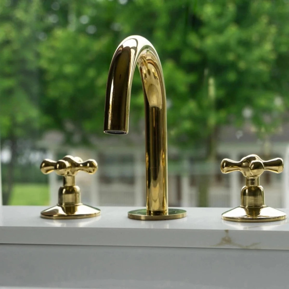 Unlacquered Brass Deck Mounted Bathroom Faucet – Cross Handles, 6" Spout | Solid Brass - The House Of Brass