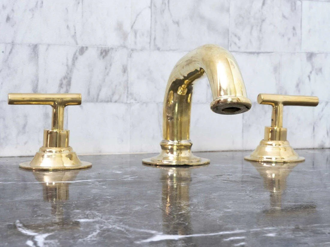 Unlacquered Brass Deck Mounted Bathroom Faucet – Handmade Widespread Sink Faucet
