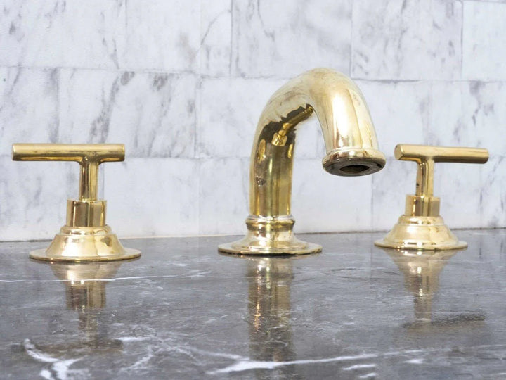 Unlacquered Brass Deck Mounted Bathroom Faucet – Handmade Widespread Sink Faucet