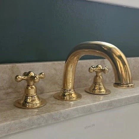 Unlacquered Brass Deck Mounted Bathroom Faucet – Handmade Widespread Sink Faucet