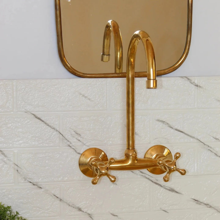 Unlacquered Brass Gooseneck Wall Mounted Kitchen Faucet – Bridge Style, Cross Handles | Solid Brass - The House Of Brass