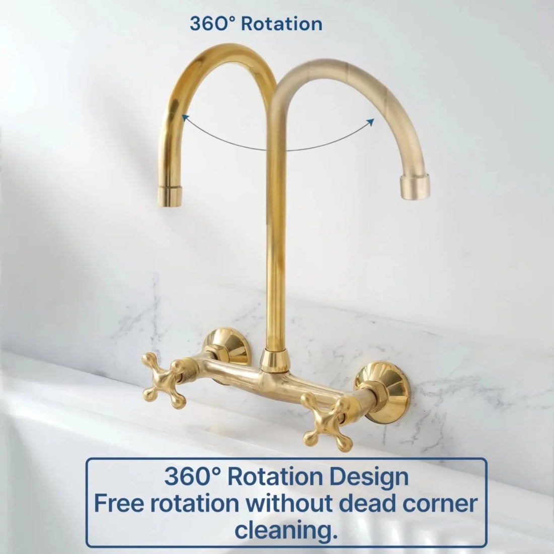Unlacquered Brass Gooseneck Wall Mounted Kitchen Faucet – Bridge Style, Cross Handles | Solid Brass - The House Of Brass