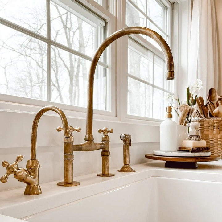 Unlacquered Brass Kitchen Faucet – Handcrafted Bridge Faucet with Cross Handles, 10" Spout | Solid Brass - The House Of Brass