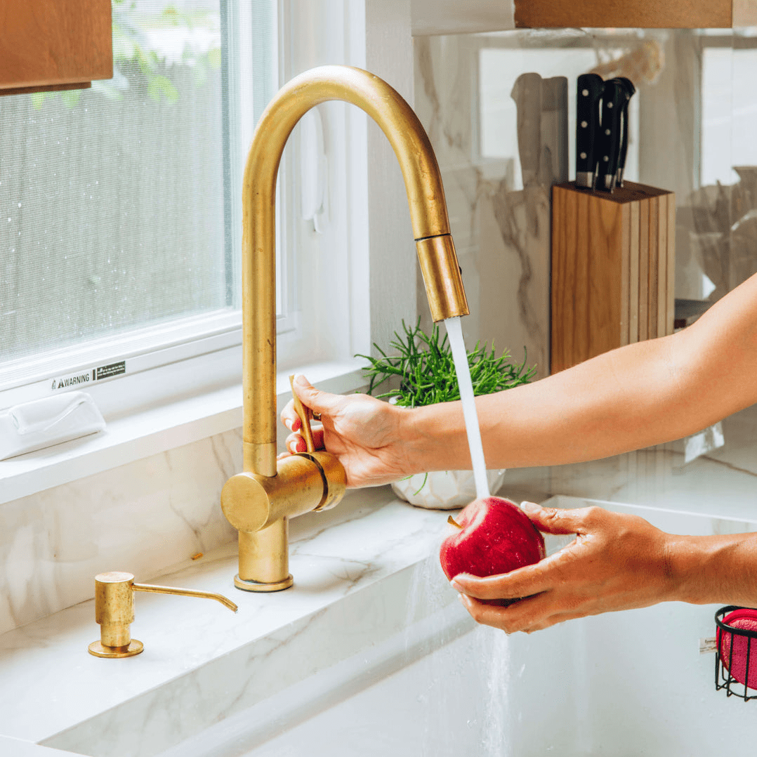 Unlacquered Brass Pull-Down Kitchen Faucet – Mixer Handle, Flexible Sprayer, 17" Height - The House Of Brass