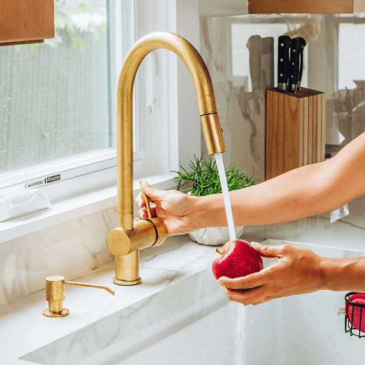 Unlacquered Brass Pull-Down Kitchen Faucet – Mixer Handle, Flexible Sprayer, 17" Height - The House Of Brass