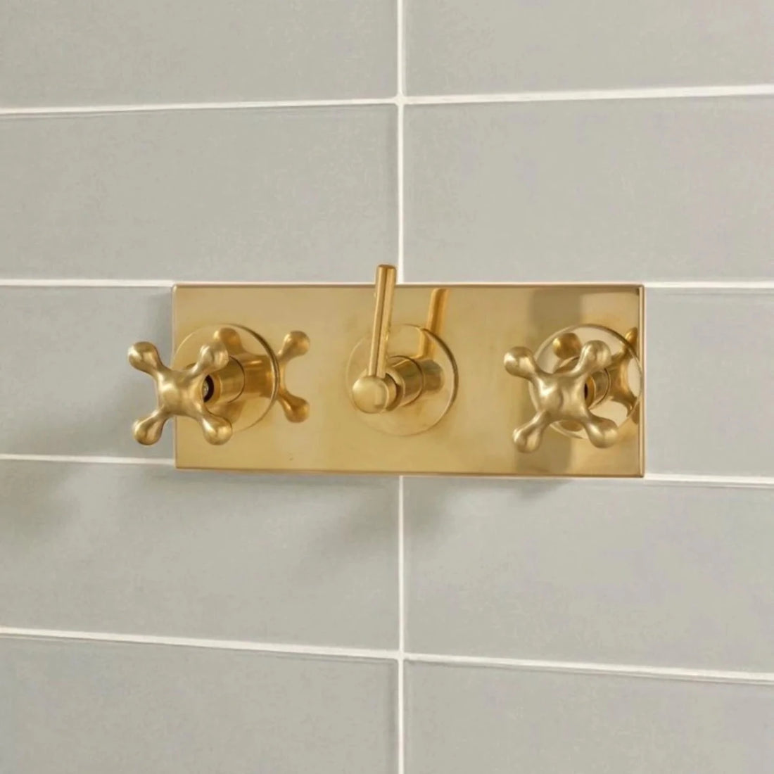 Unlacquered Brass Rain Shower System – 8" Head, Cross Handles, Handheld Sprayer | Solid Brass - The House Of Brass