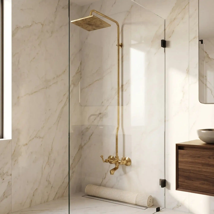 Unlacquered Brass Shower Set with Tub Filler – Square Rain Head
