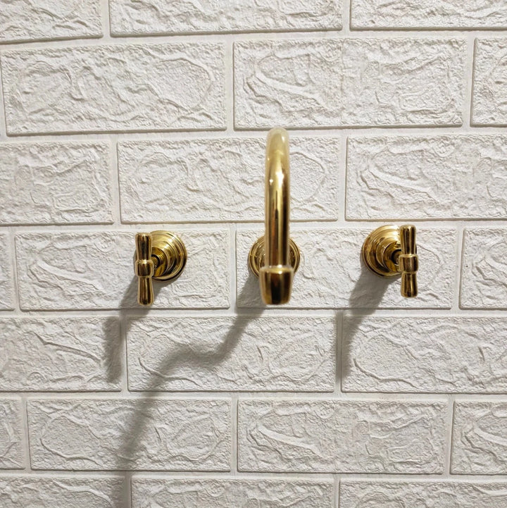 Unlacquered Brass Wall Mounted Faucet – Curved Spout, 9" Reach, Lead-Free | Solid Brass - The House Of Brass