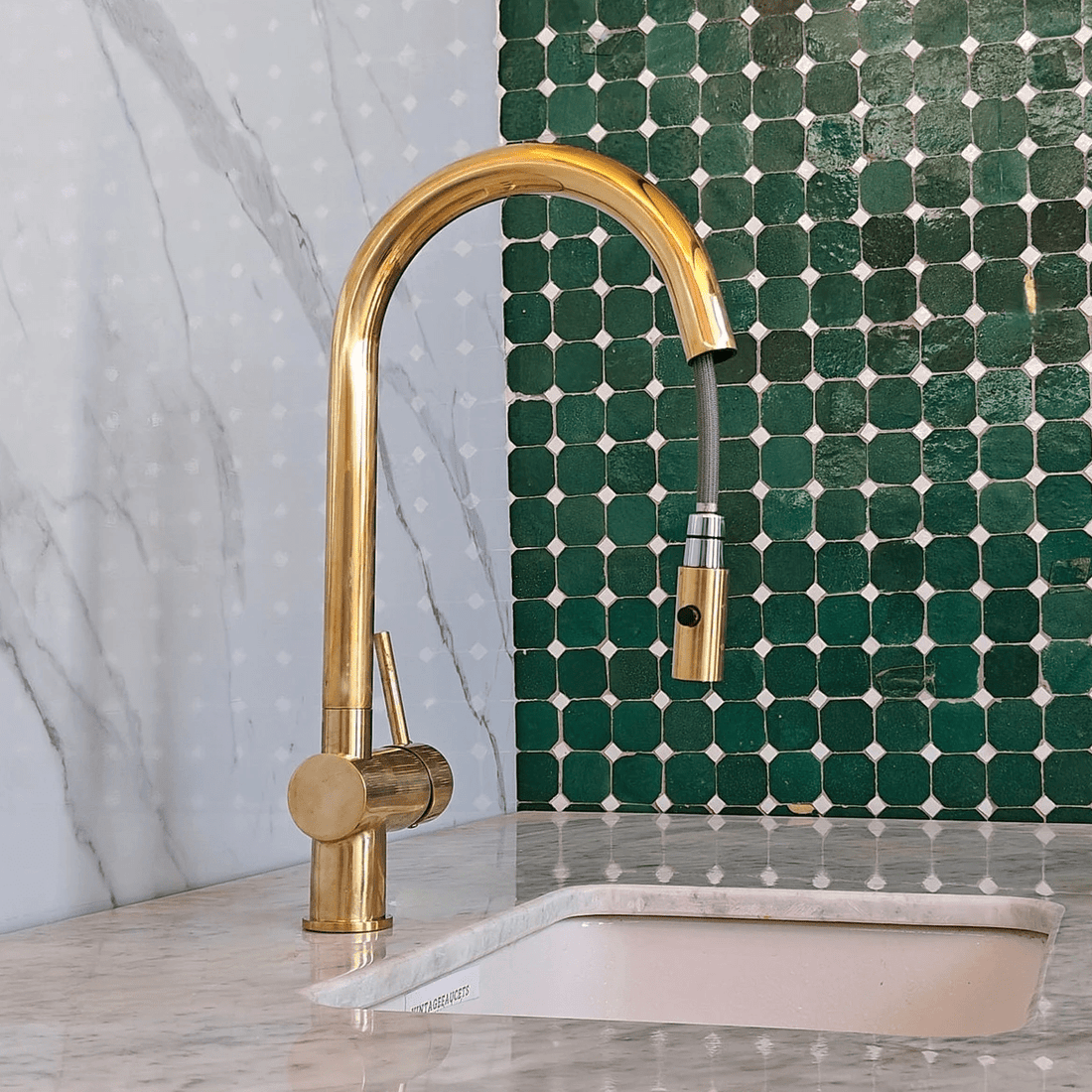 Unlacquered Solid Brass Pull-Down Kitchen Faucet – Gooseneck, 360° Swivel, Vintage Patina - The House Of Brass