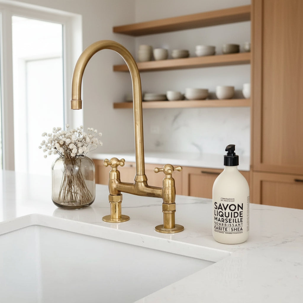 Unlacquered Brass Kitchen Faucet – Short Leg Bridge, 8" Spread, 14" Height
