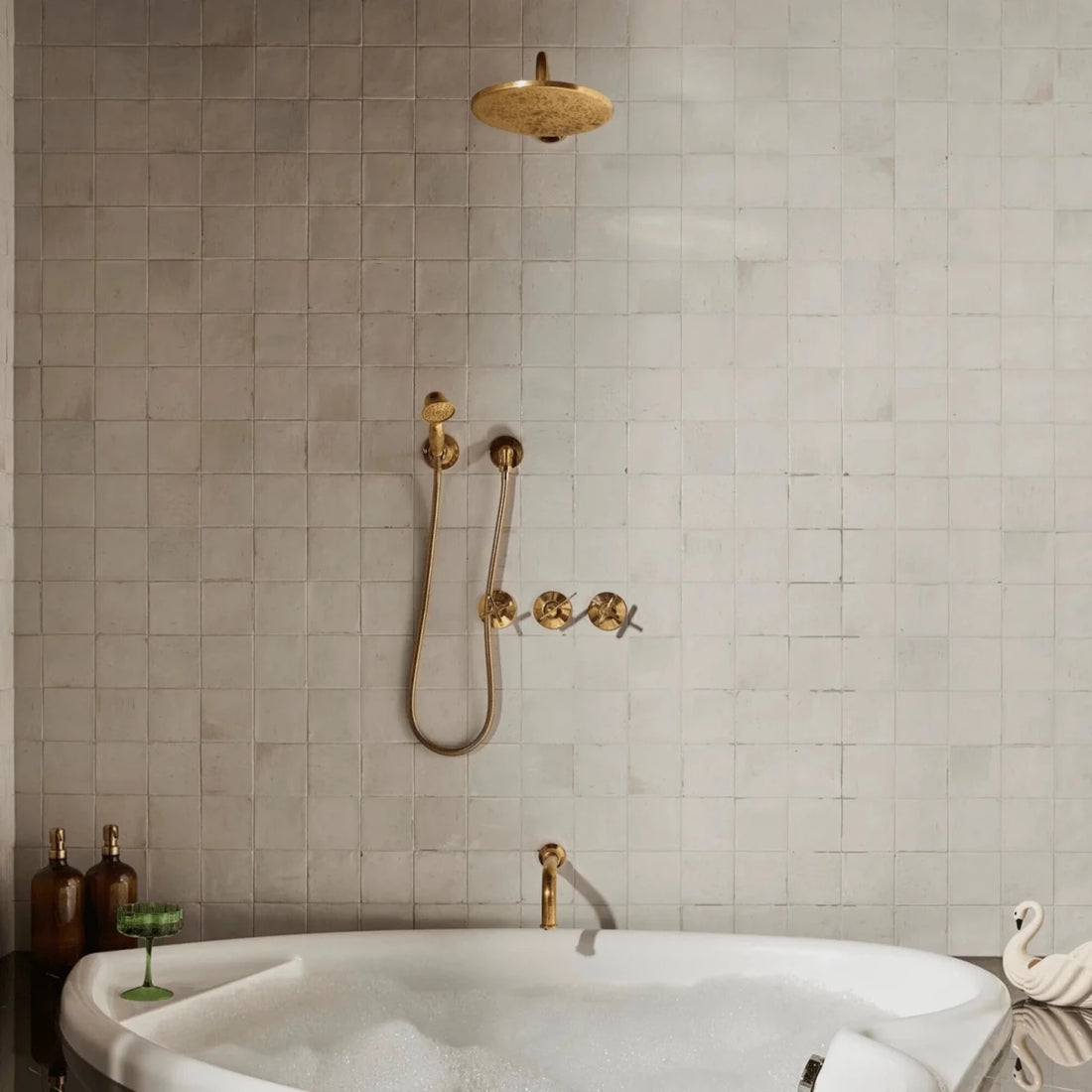 Unlaquered Brass Shower Set, Faucet and Handheld - The House Of Brass