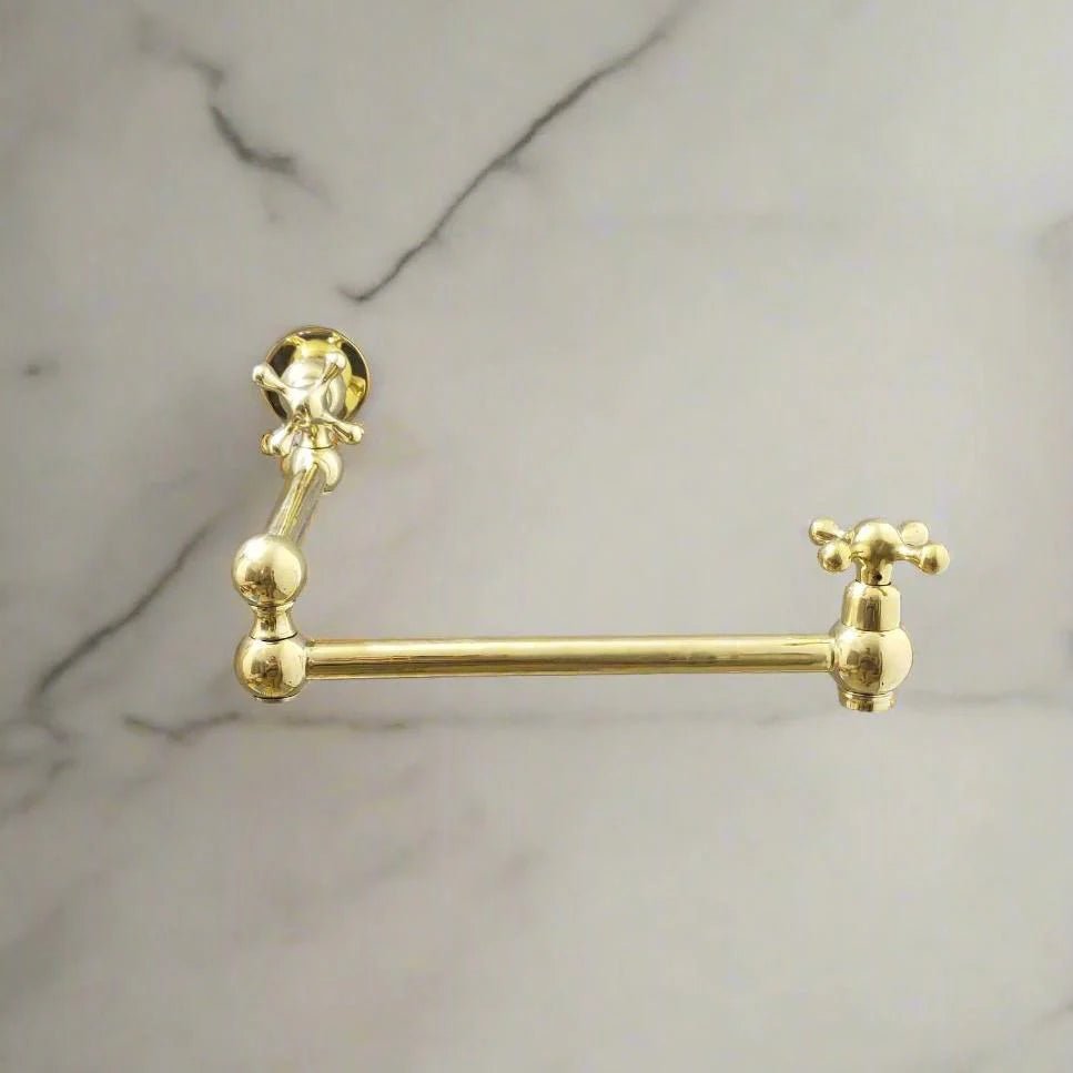 Vintage Unlacquered Brass Wall Mounted Pot Filler Faucet – Cross, Lever or Star Handles | 21" Reach - The House Of Brass