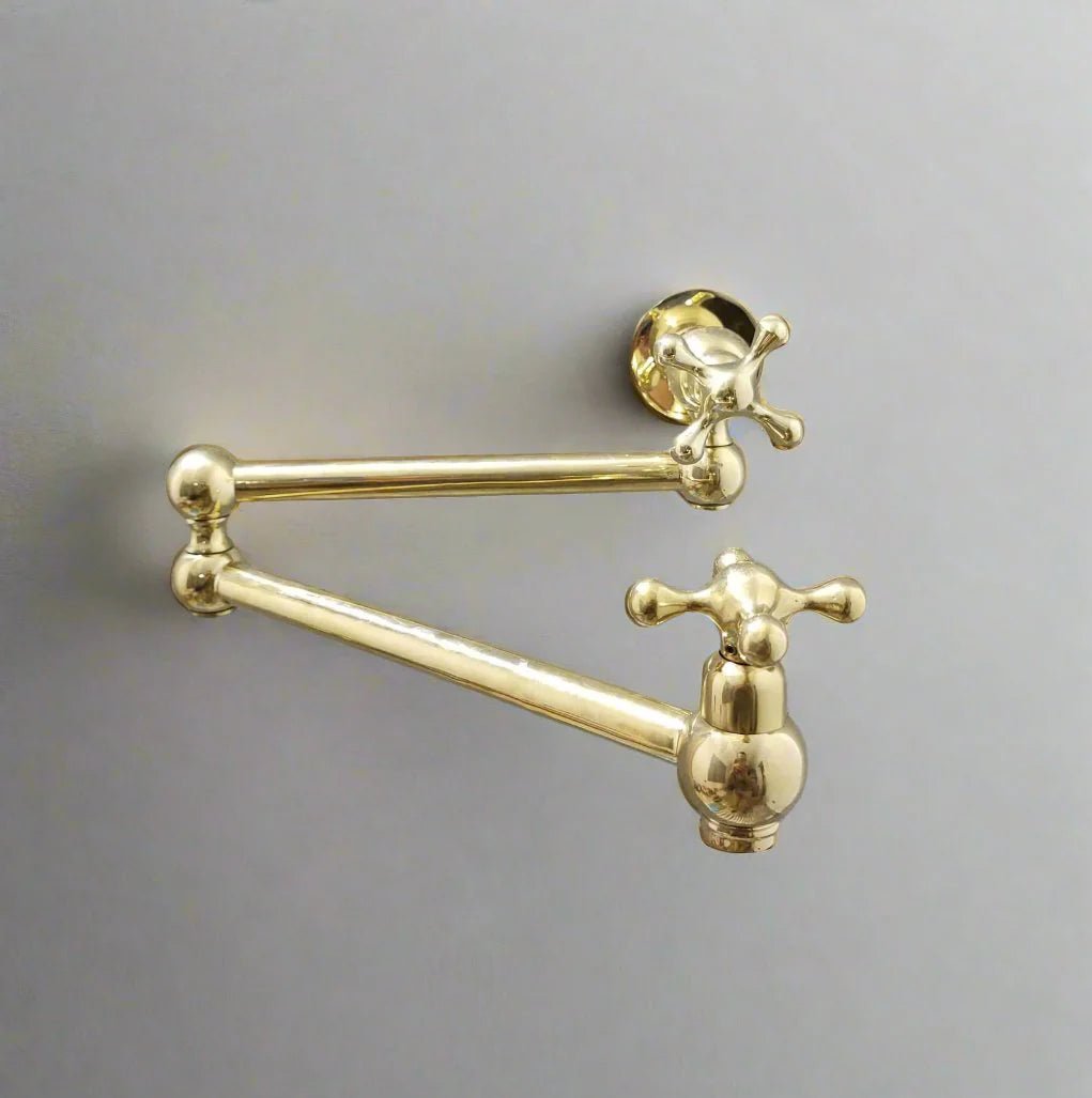 Vintage Unlacquered Brass Wall Mounted Pot Filler Faucet – Cross, Lever or Star Handles | 21" Reach - The House Of Brass